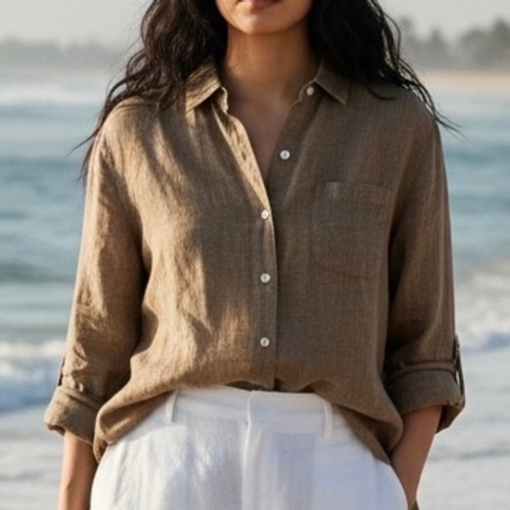 J. Jill Love Linen Brown Button Down Shirt XL Petite 100% Linen Relaxed Fit